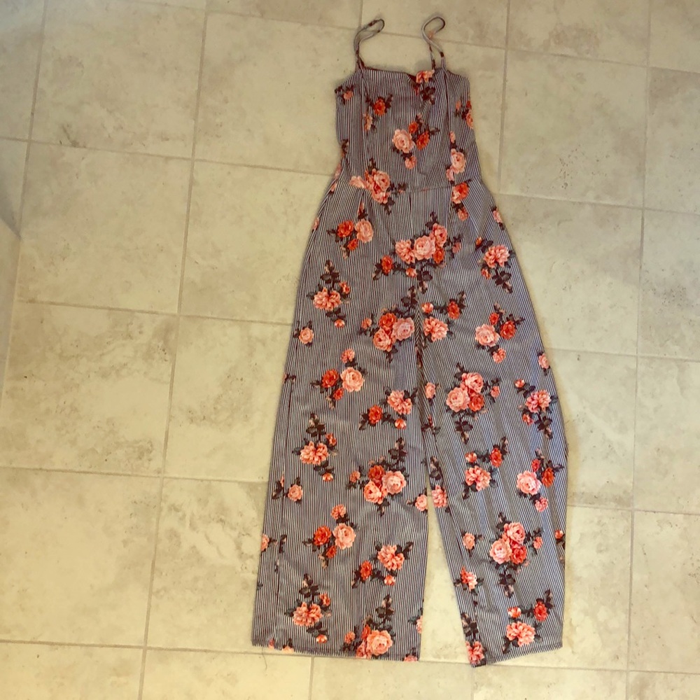 Navy Pinstriped Floral Print Jumpsuit